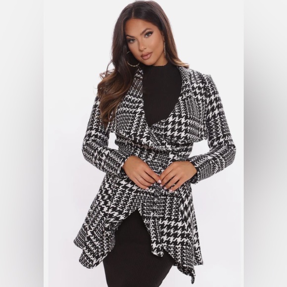 NWT- Fashion Nova Houndstooth Shawl Collar Belted Wrap Coat - Picture 1 of 8